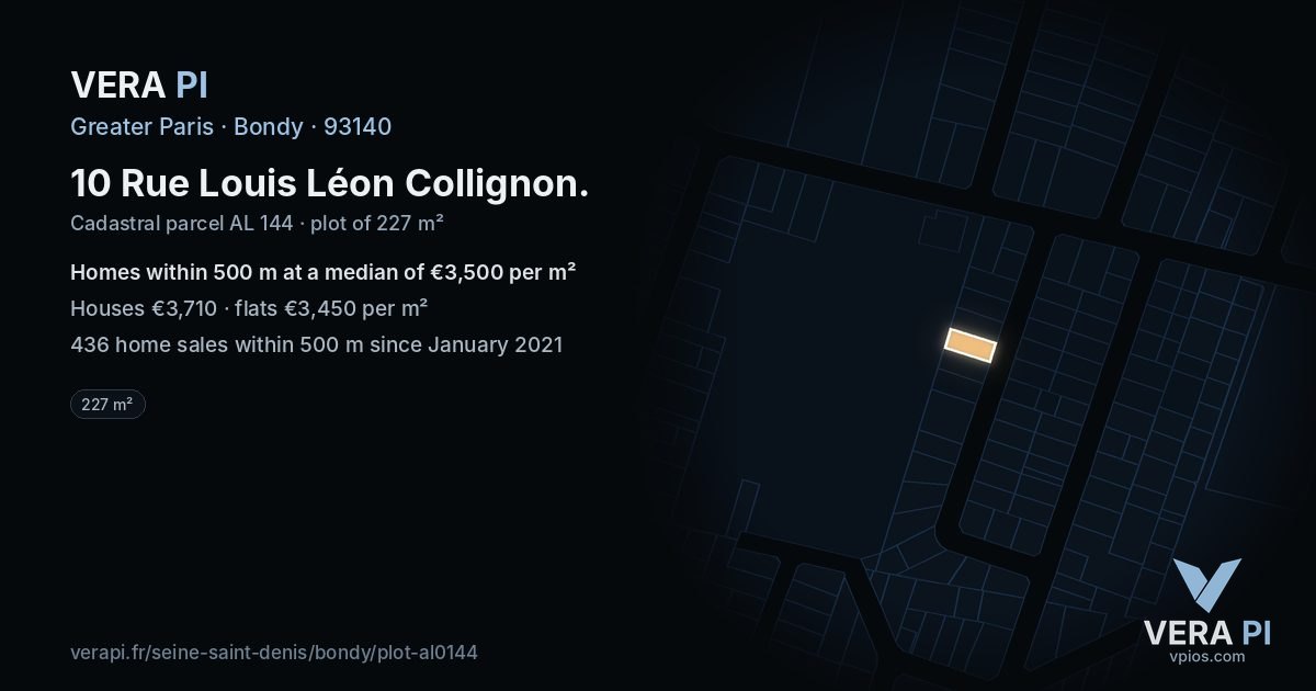 10 Rue Louis Léon Collignon, Bondy at night – the plot lit, the parcels around coloured by the prices near them