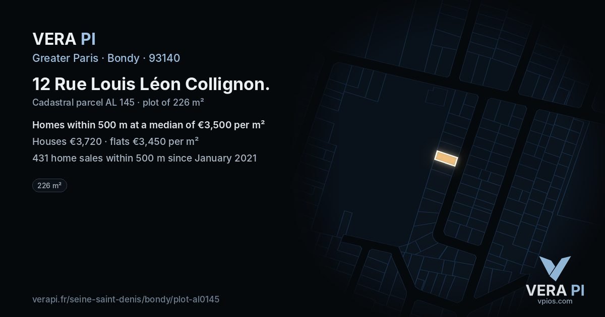 12 Rue Louis Léon Collignon, Bondy at night – the plot lit, the parcels around coloured by the prices near them