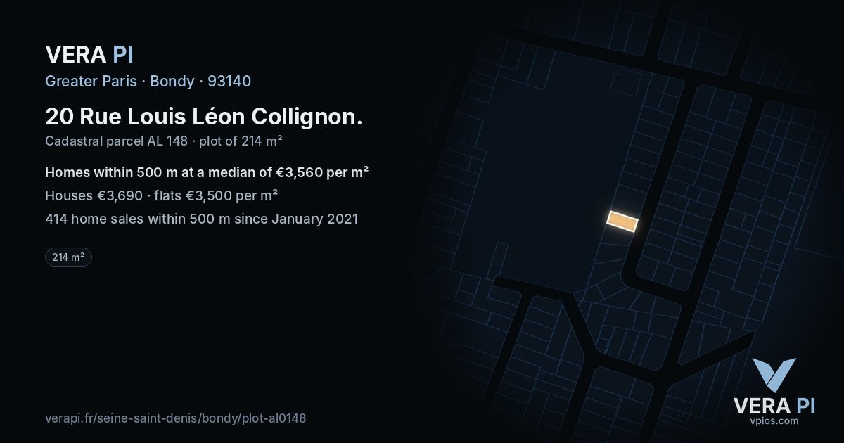 20 Rue Louis Léon Collignon, Bondy at night – the plot lit, the parcels around coloured by the prices near them