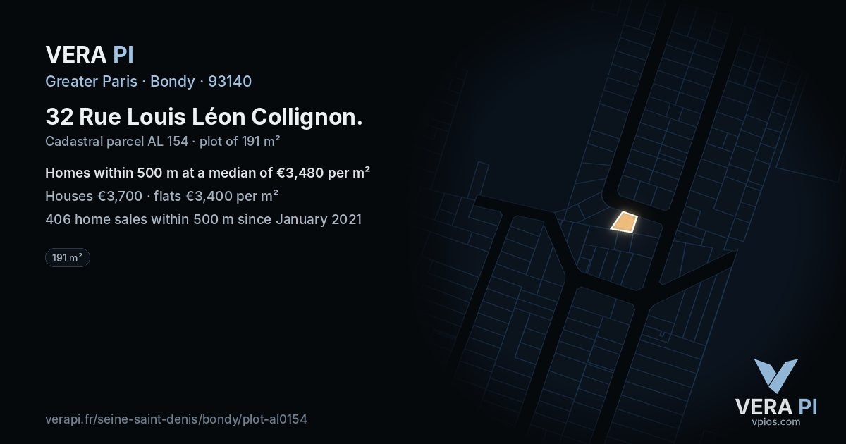 32 Rue Louis Léon Collignon, Bondy at night – the plot lit, the parcels around coloured by the prices near them
