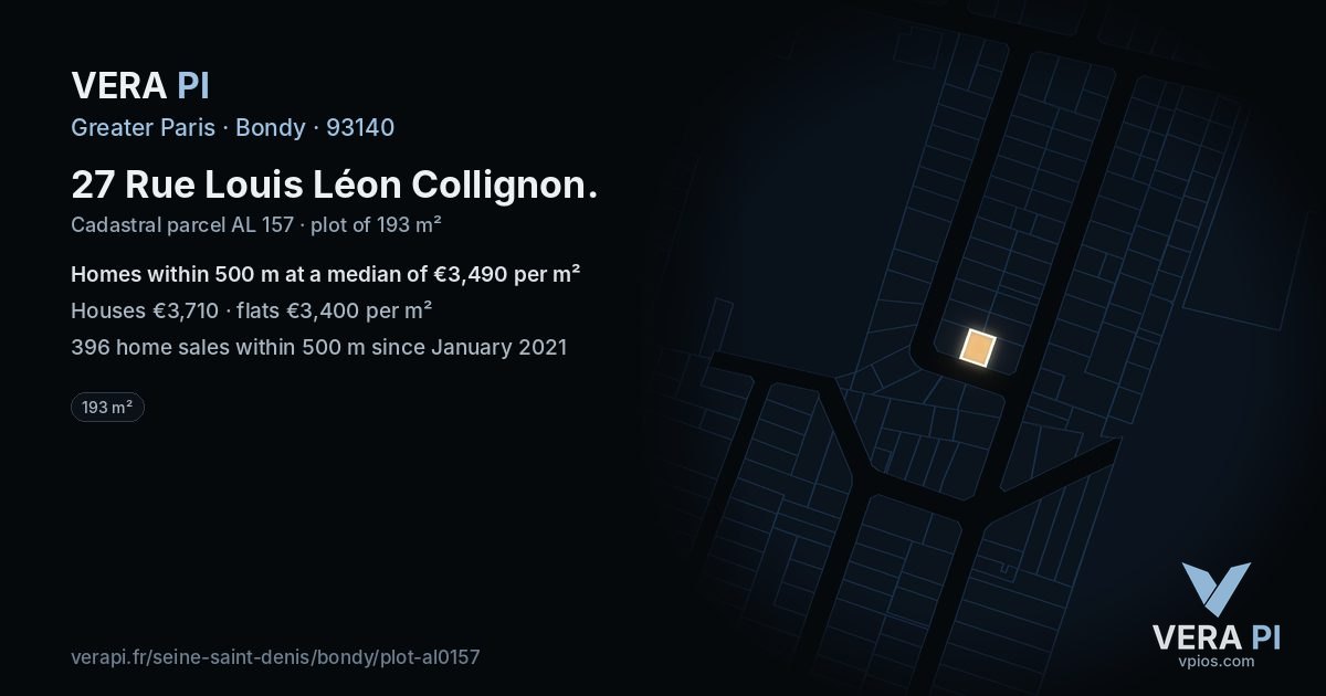 27 Rue Louis Léon Collignon, Bondy at night – the plot lit, the parcels around coloured by the prices near them