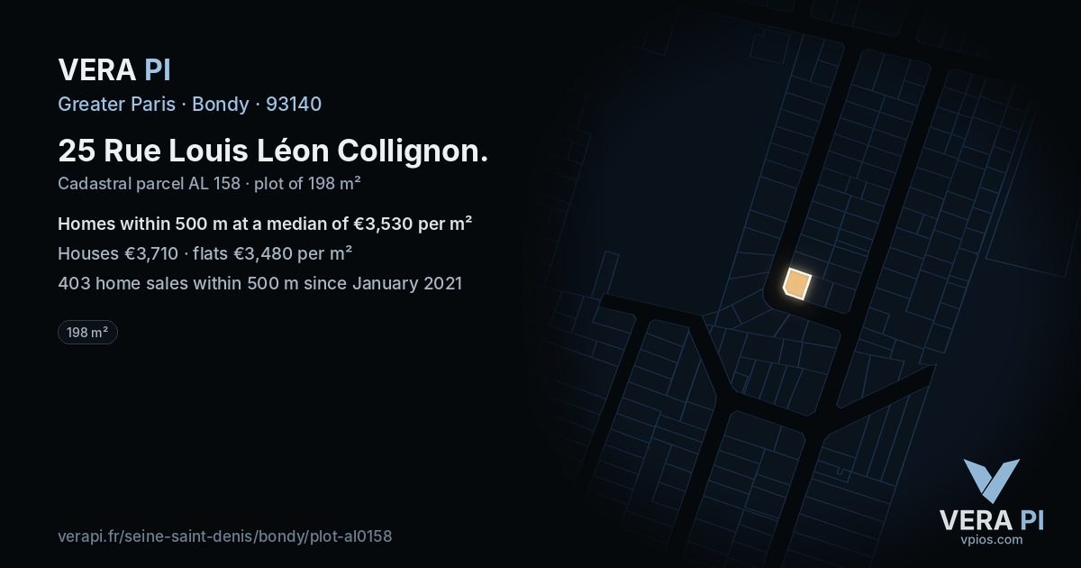 25 Rue Louis Léon Collignon, Bondy at night – the plot lit, the parcels around coloured by the prices near them