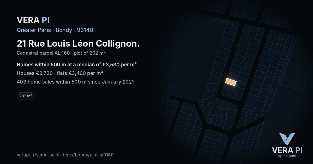 21 Rue Louis Léon Collignon, Bondy at night – the plot lit, the parcels around coloured by the prices near them