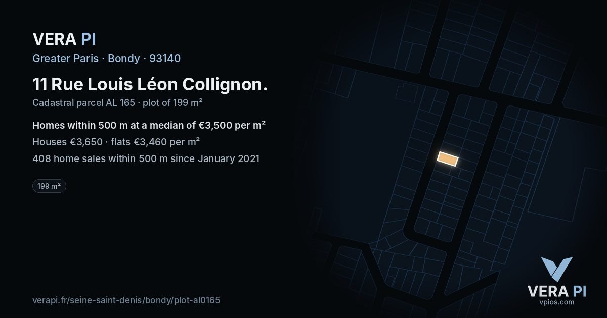 11 Rue Louis Léon Collignon, Bondy at night – the plot lit, the parcels around coloured by the prices near them