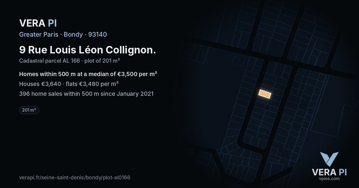 9 Rue Louis Léon Collignon, Bondy at night – the plot lit, the parcels around coloured by the prices near them