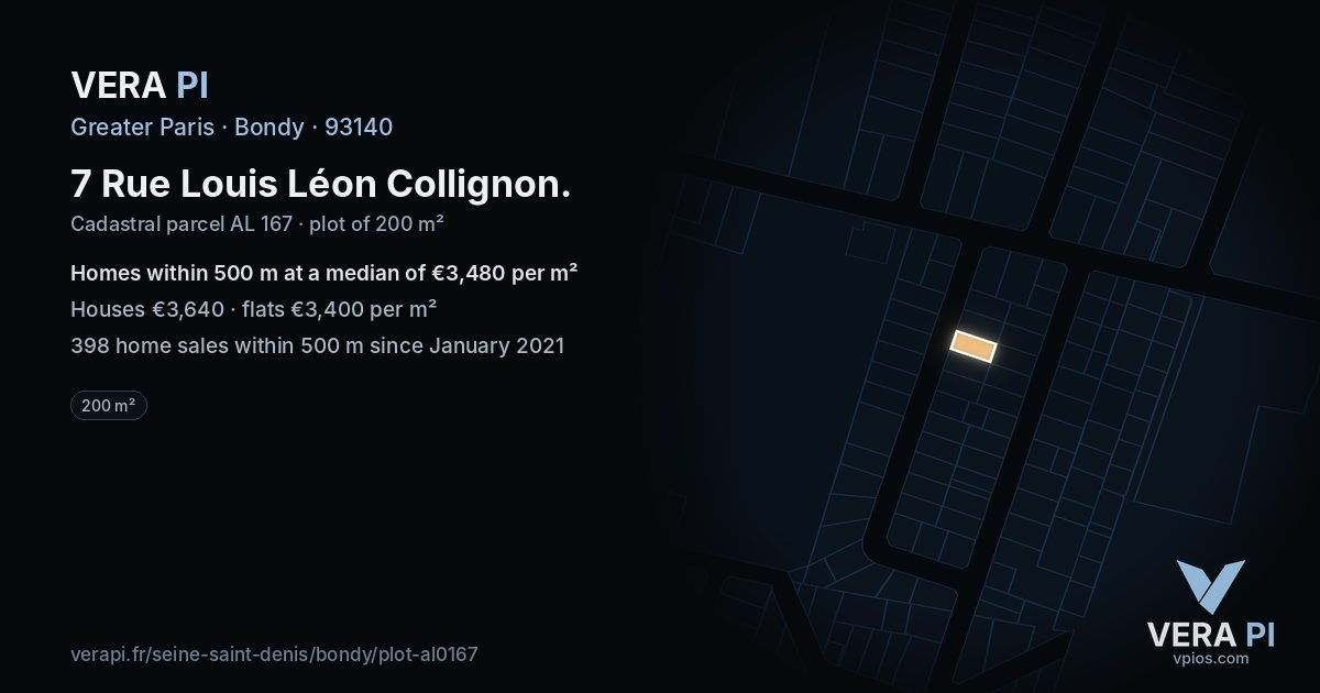 7 Rue Louis Léon Collignon, Bondy at night – the plot lit, the parcels around coloured by the prices near them