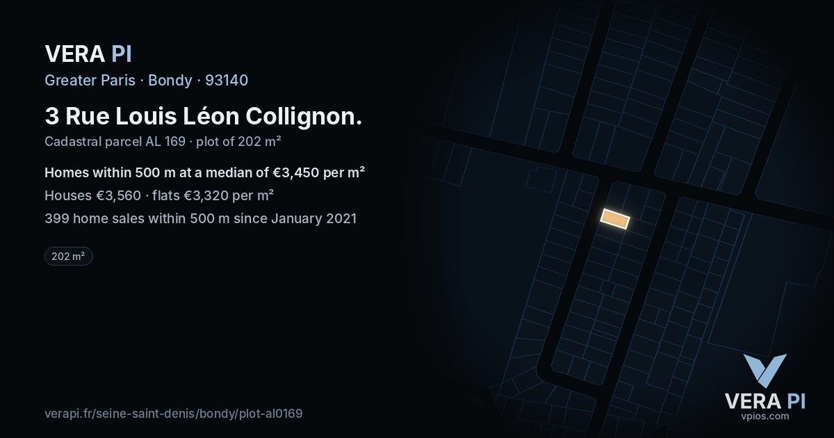 3 Rue Louis Léon Collignon, Bondy at night – the plot lit, the parcels around coloured by the prices near them