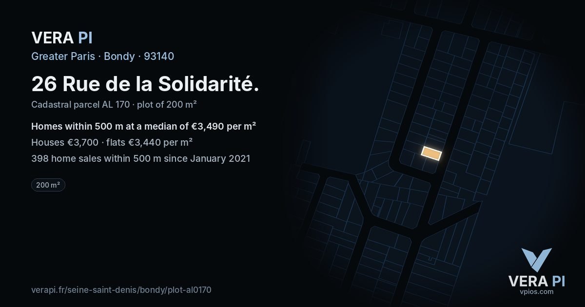 26 Rue de la Solidarité, Bondy at night – the plot lit, the parcels around coloured by the prices near them