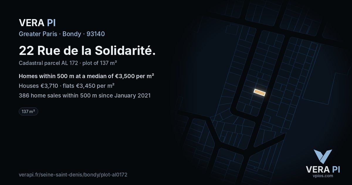 22 Rue de la Solidarité, Bondy at night – the plot lit, the parcels around coloured by the prices near them