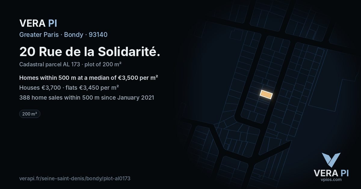 20 Rue de la Solidarité, Bondy at night – the plot lit, the parcels around coloured by the prices near them
