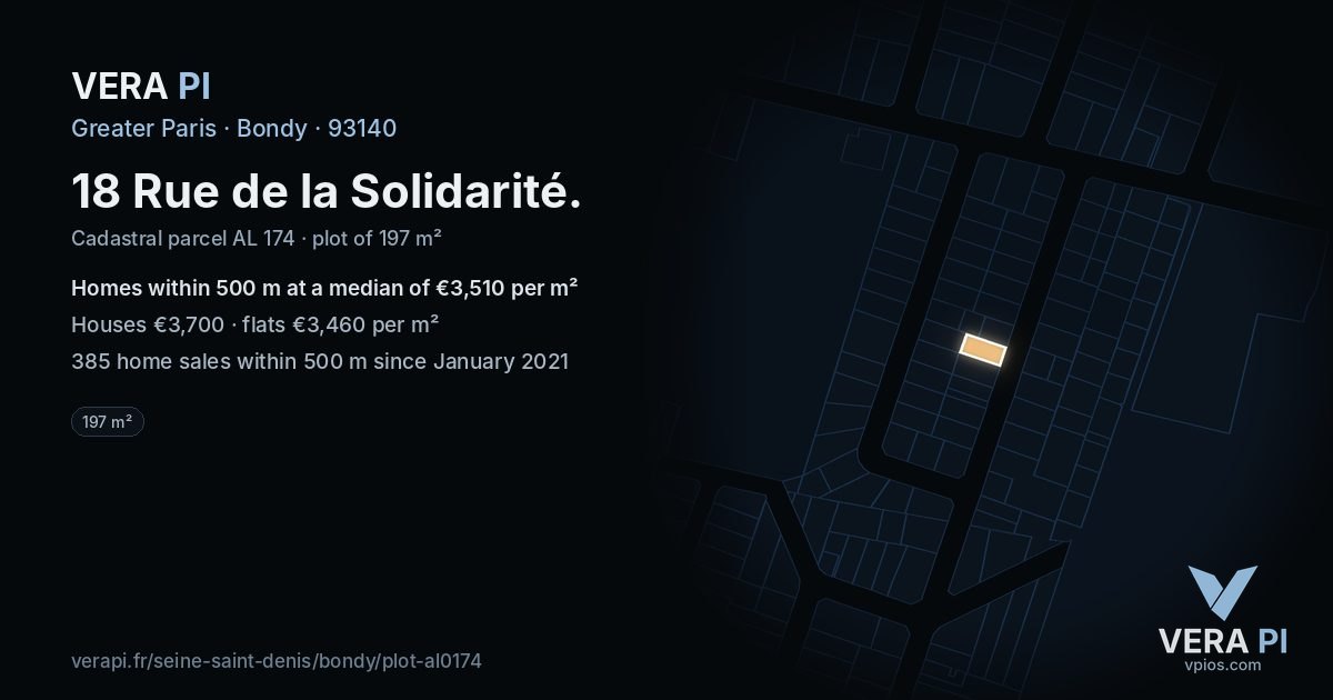 18 Rue de la Solidarité, Bondy at night – the plot lit, the parcels around coloured by the prices near them