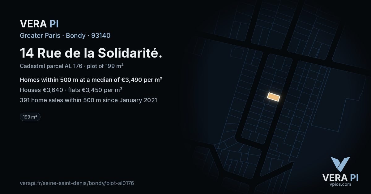 14 Rue de la Solidarité, Bondy at night – the plot lit, the parcels around coloured by the prices near them