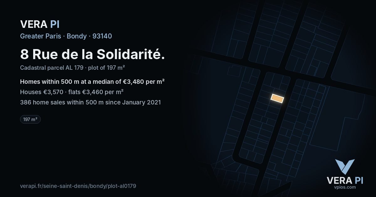 8 Rue de la Solidarité, Bondy at night – the plot lit, the parcels around coloured by the prices near them