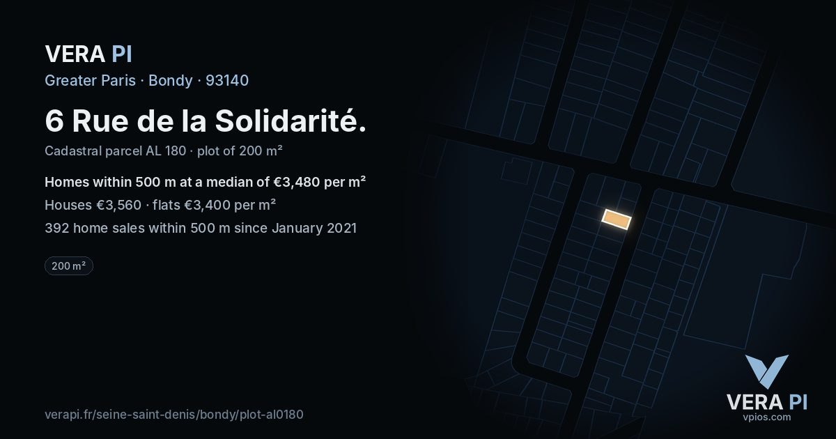 6 Rue de la Solidarité, Bondy at night – the plot lit, the parcels around coloured by the prices near them