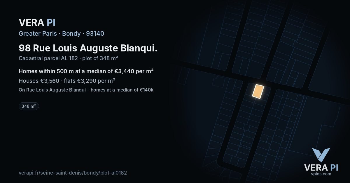 98 Rue Louis Auguste Blanqui, Bondy at night – the plot lit, the parcels around coloured by the prices near them