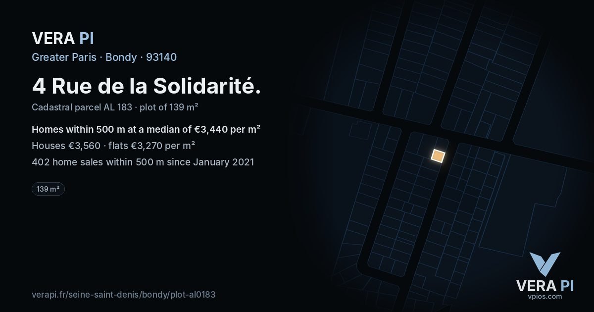 4 Rue de la Solidarité, Bondy at night – the plot lit, the parcels around coloured by the prices near them