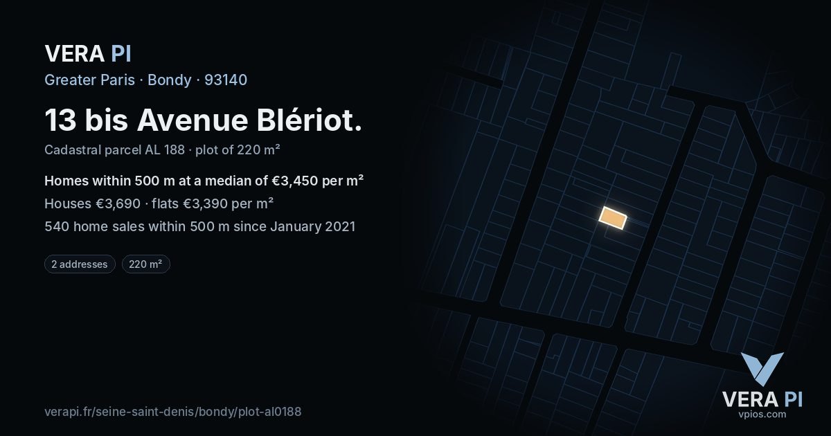 13 bis Avenue Blériot, Bondy at night – the plot lit, the parcels around coloured by the prices near them