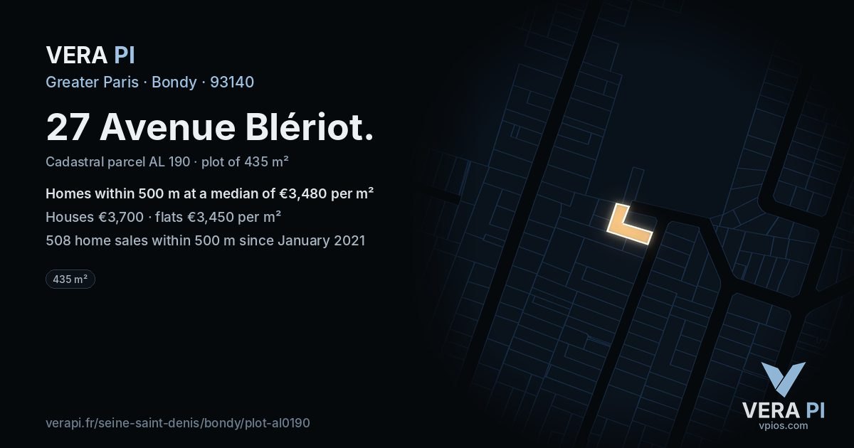 27 Avenue Blériot, Bondy at night – the plot lit, the parcels around coloured by the prices near them