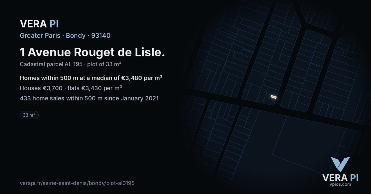 1 Avenue Rouget de Lisle, Bondy at night – the plot lit, the parcels around coloured by the prices near them