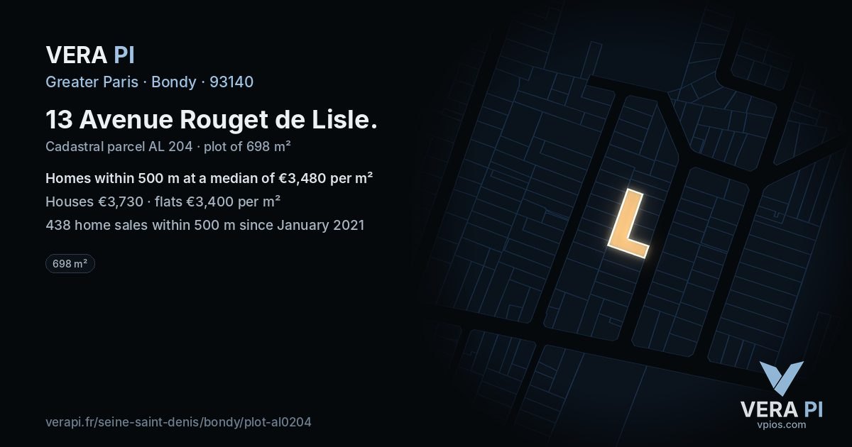 13 Avenue Rouget de Lisle, Bondy at night – the plot lit, the parcels around coloured by the prices near them