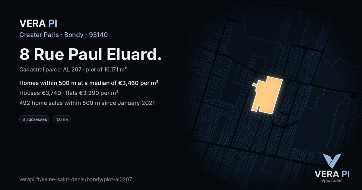 8 Rue Paul Eluard, Bondy at night – the plot lit, the parcels around coloured by the prices near them