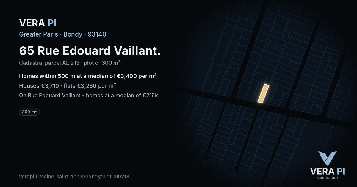 65 Rue Edouard Vaillant, Bondy at night – the plot lit, the parcels around coloured by the prices near them