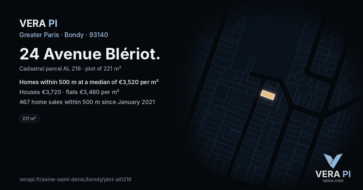24 Avenue Blériot, Bondy at night – the plot lit, the parcels around coloured by the prices near them