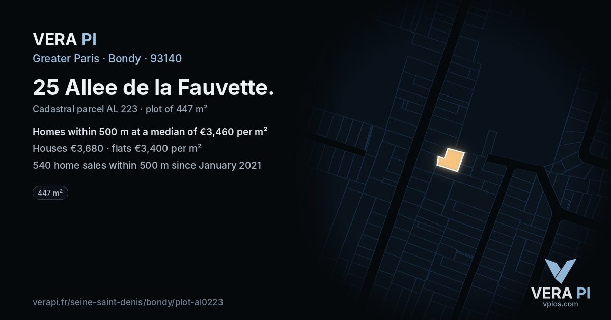 25 Allee de la Fauvette, Bondy at night – the plot lit, the parcels around coloured by the prices near them