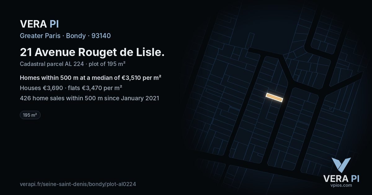 21 Avenue Rouget de Lisle, Bondy at night – the plot lit, the parcels around coloured by the prices near them