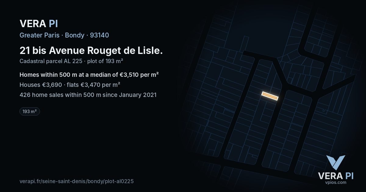 21 bis Avenue Rouget de Lisle, Bondy at night – the plot lit, the parcels around coloured by the prices near them