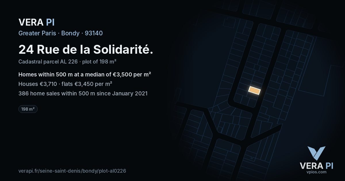 24 Rue de la Solidarité, Bondy at night – the plot lit, the parcels around coloured by the prices near them