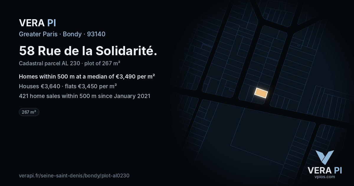 58 Rue de la Solidarité, Bondy at night – the plot lit, the parcels around coloured by the prices near them