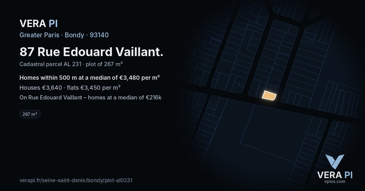 87 Rue Edouard Vaillant, Bondy at night – the plot lit, the parcels around coloured by the prices near them