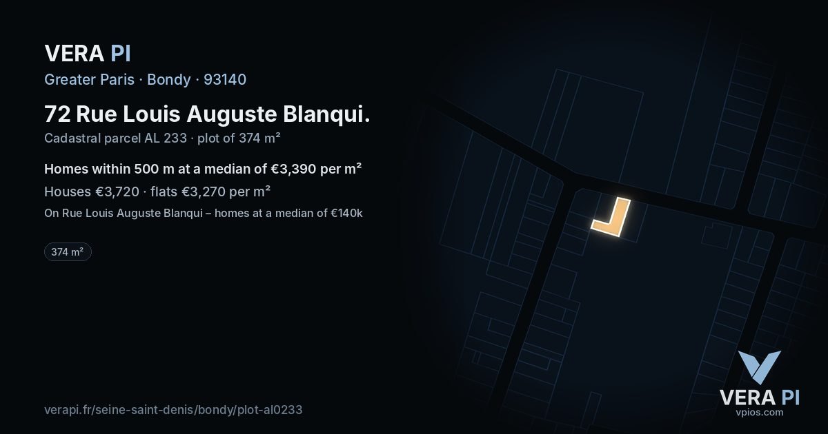 72 Rue Louis Auguste Blanqui, Bondy at night – the plot lit, the parcels around coloured by the prices near them
