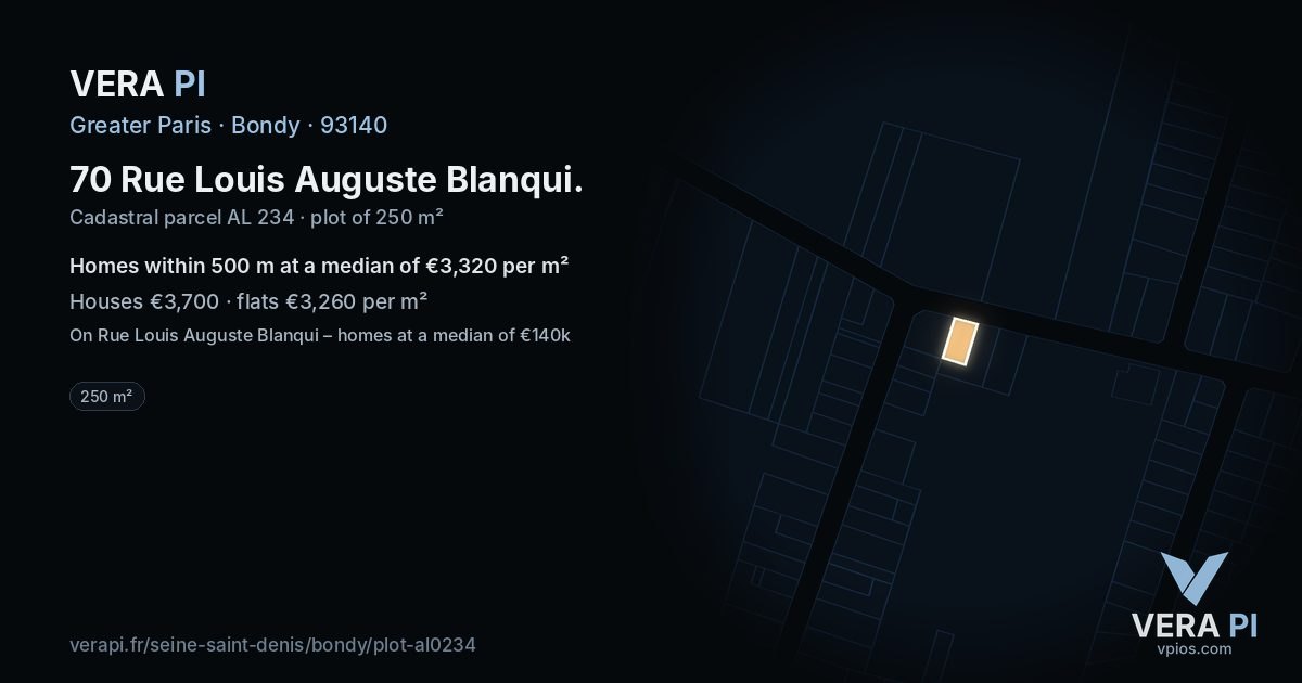 70 Rue Louis Auguste Blanqui, Bondy at night – the plot lit, the parcels around coloured by the prices near them