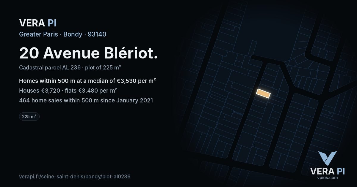20 Avenue Blériot, Bondy at night – the plot lit, the parcels around coloured by the prices near them