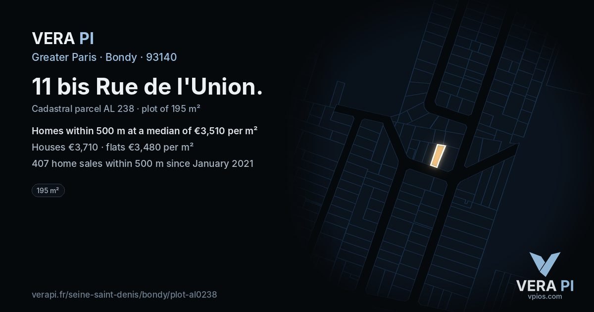 11 bis Rue de l'Union, Bondy at night – the plot lit, the parcels around coloured by the prices near them