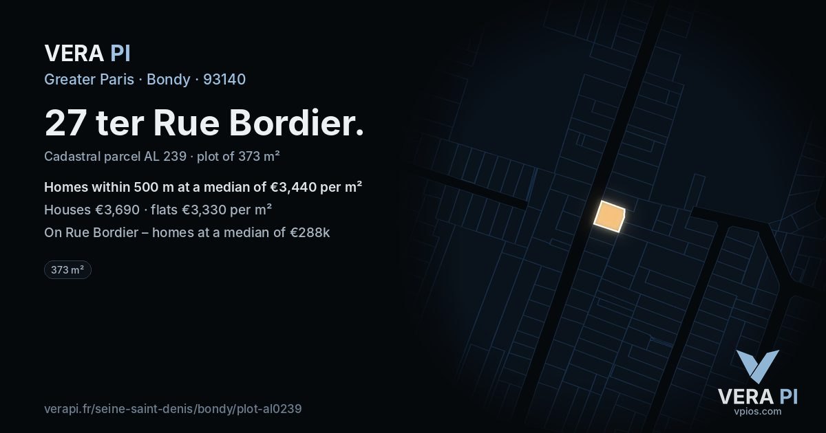 27 ter Rue Bordier, Bondy at night – the plot lit, the parcels around coloured by the prices near them