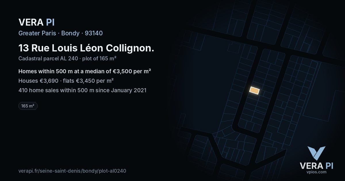 13 Rue Louis Léon Collignon, Bondy at night – the plot lit, the parcels around coloured by the prices near them