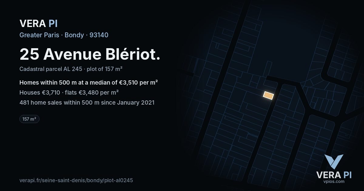 25 Avenue Blériot, Bondy at night – the plot lit, the parcels around coloured by the prices near them