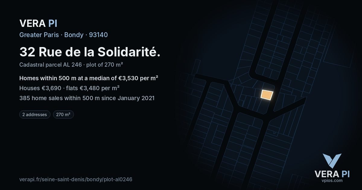 32 Rue de la Solidarité, Bondy at night – the plot lit, the parcels around coloured by the prices near them
