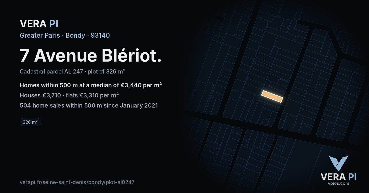 7 Avenue Blériot, Bondy at night – the plot lit, the parcels around coloured by the prices near them