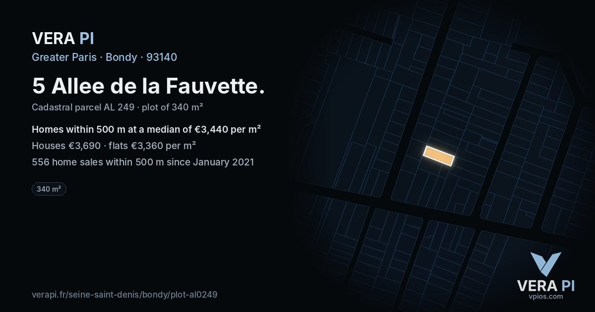5 Allee de la Fauvette, Bondy at night – the plot lit, the parcels around coloured by the prices near them