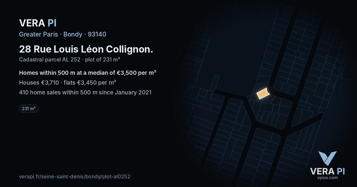 28 Rue Louis Léon Collignon, Bondy at night – the plot lit, the parcels around coloured by the prices near them