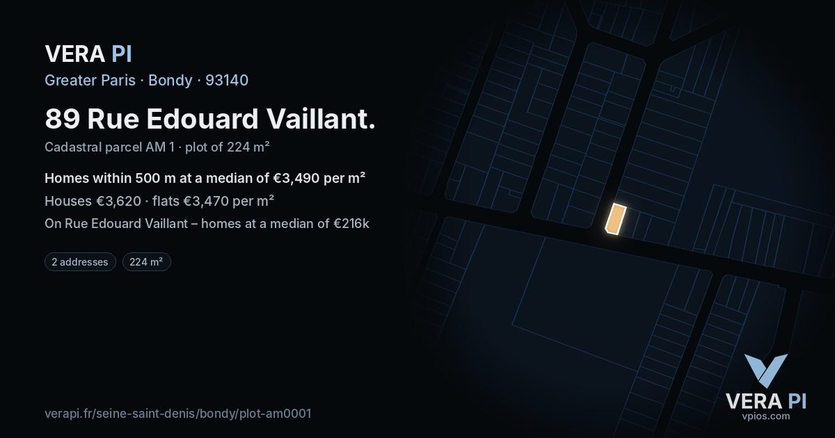 89 Rue Edouard Vaillant, Bondy at night – the plot lit, the parcels around coloured by the prices near them