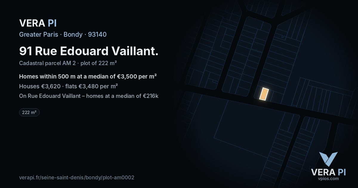 91 Rue Edouard Vaillant, Bondy at night – the plot lit, the parcels around coloured by the prices near them