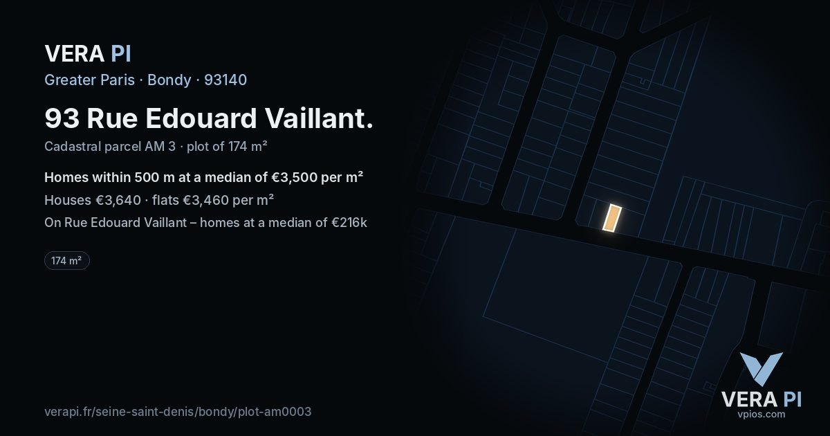 93 Rue Edouard Vaillant, Bondy at night – the plot lit, the parcels around coloured by the prices near them