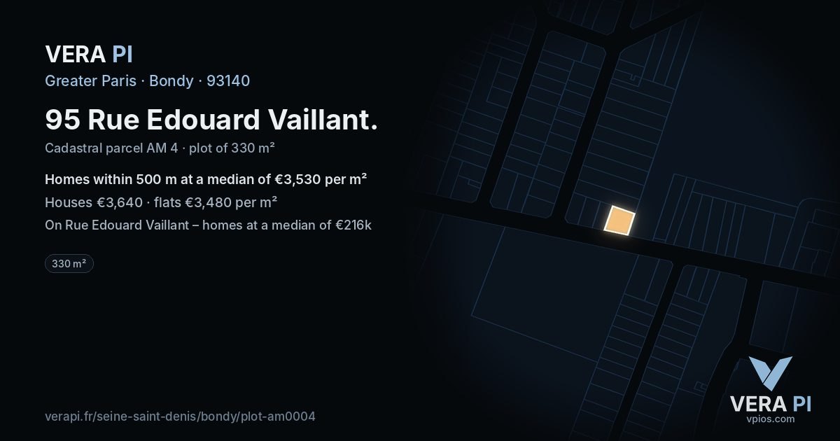 95 Rue Edouard Vaillant, Bondy at night – the plot lit, the parcels around coloured by the prices near them