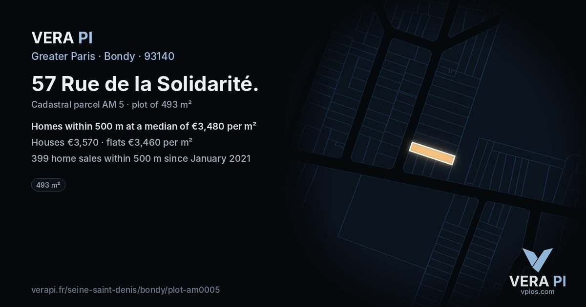 57 Rue de la Solidarité, Bondy at night – the plot lit, the parcels around coloured by the prices near them