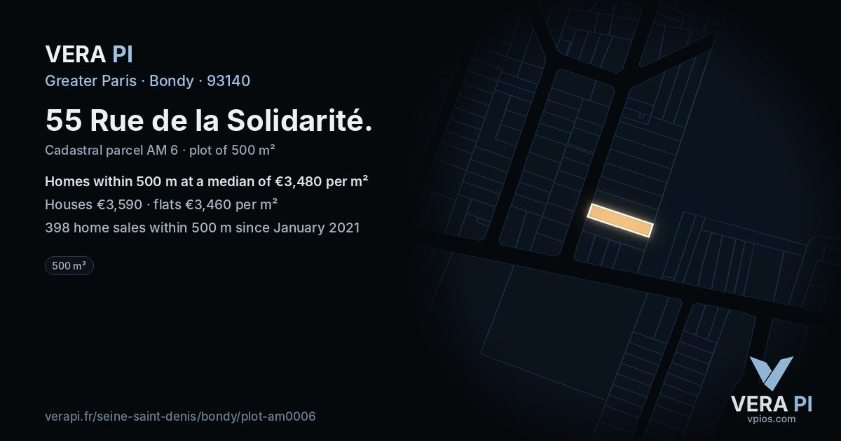55 Rue de la Solidarité, Bondy at night – the plot lit, the parcels around coloured by the prices near them